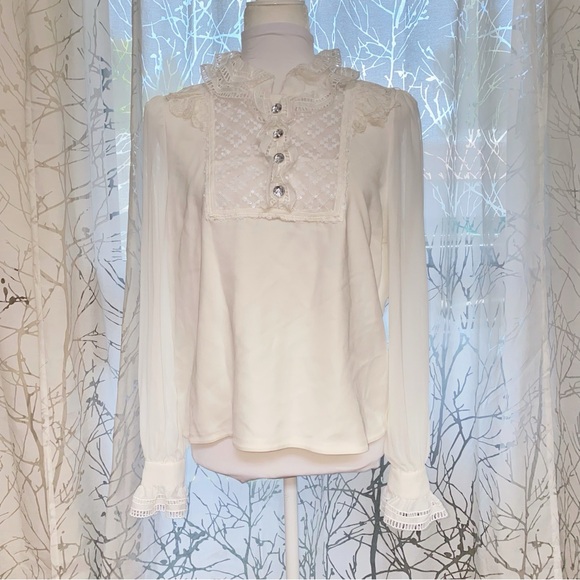 SELF-PORTRAIT WHITE SEQUIN RUFFLE FRILL COLLAR NECK BOW SHEER LONG SLEEVE TOP - Picture 5 of 16